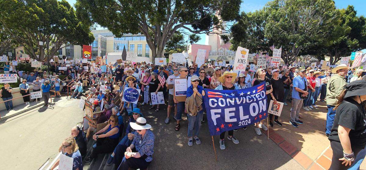 Protestors gathered in front of the courthouse in San Luis Obispo, for No Kings Day to protest executive overreach by the Trump administration on the president’s birthday.