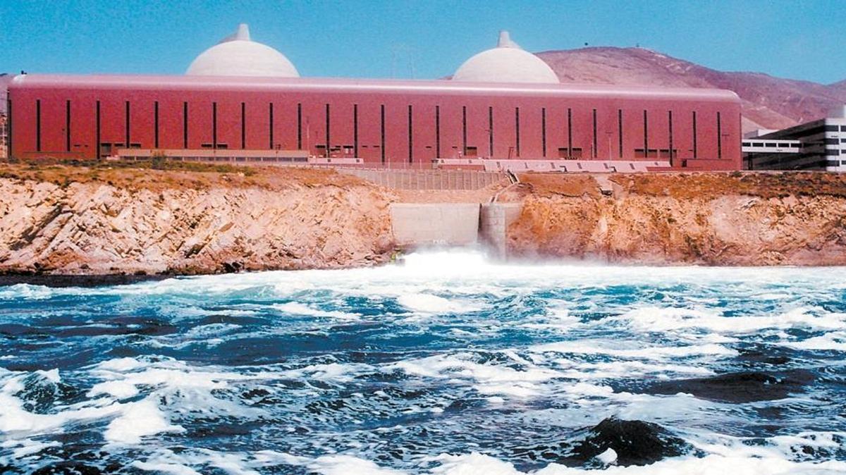 A 1997 photo of white foam on the surface of the water at the outfall from Diablo Canyon nuclear power plant. Each day more than 2 billion gallons of seawater cool the plant when it is running at full power.