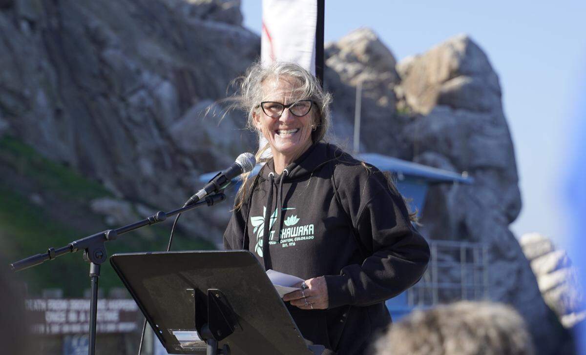 Los Osos resident Andrea Lueker spoke at a REACT Alliance protest against offshore wind on Jan. 18, 2025.