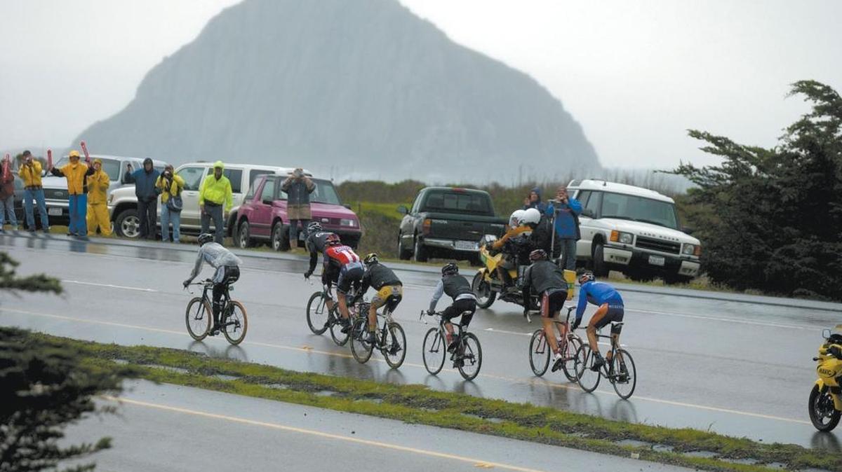 Amgen Tour of California bicyclists ride south on Highway 1 between Cayucos and Morro Bay in 2008.