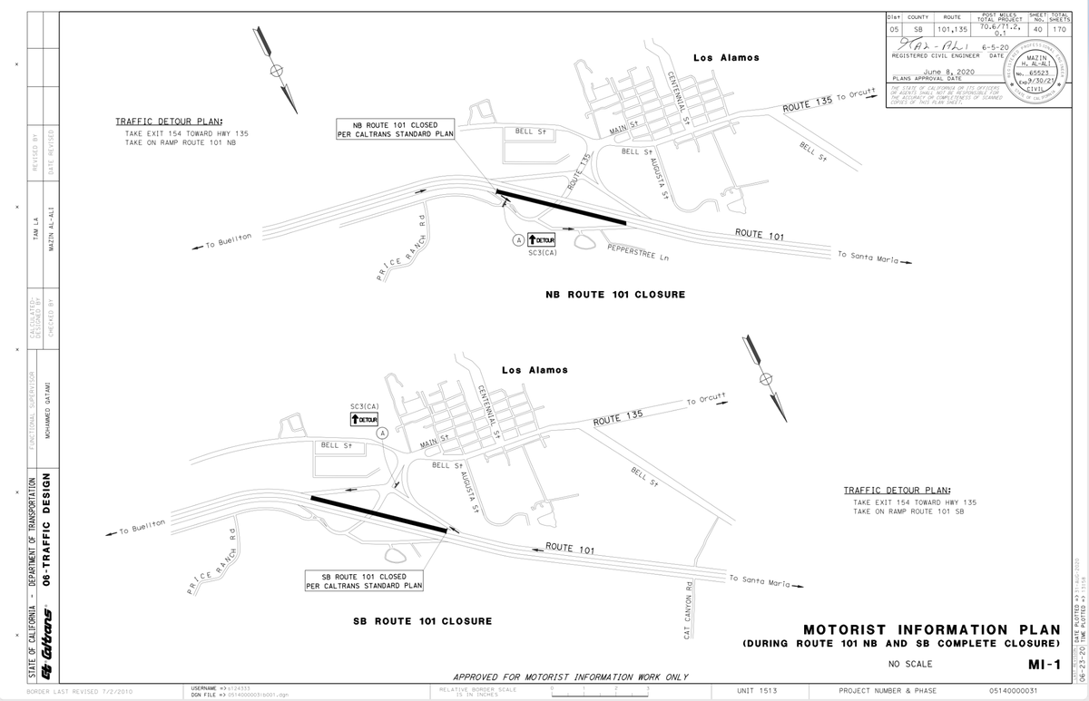 The black lines show the Highway 101 closure in Los Alamos overnight Monday, Feb. 13, 2023. Traffic in both directions will get off the highway at Bell Street before rejoining via the adjacent on-ramps.