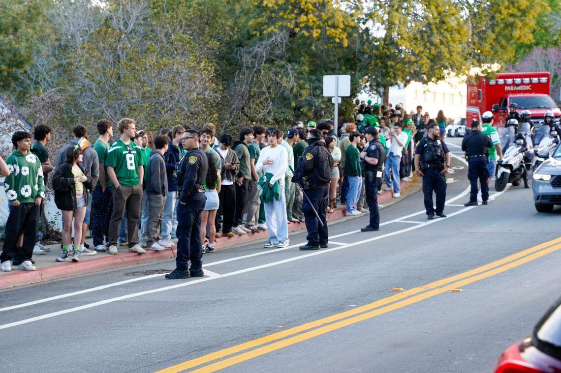 Police told students gathering on Hathway Avenue in San Luis Obispo to “go home or get arrested” on the morning of March 15, 2025. The area is usually home to a raucous block party for St. Fratty’s Day.