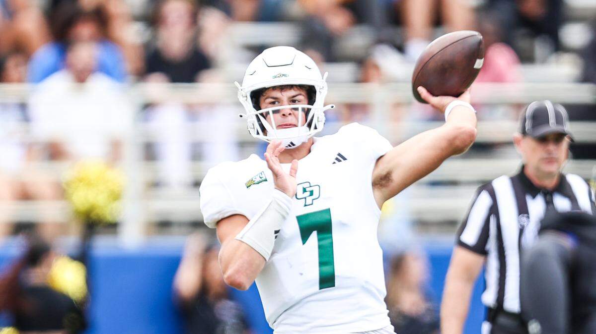 Cal Poly quarterback Sam Huard (7) throws a pass in the first half of Cal Poly’s 59-3 loss to San Jose State at CEFCU Stadium in San Jose on Sept. 9, 2023.