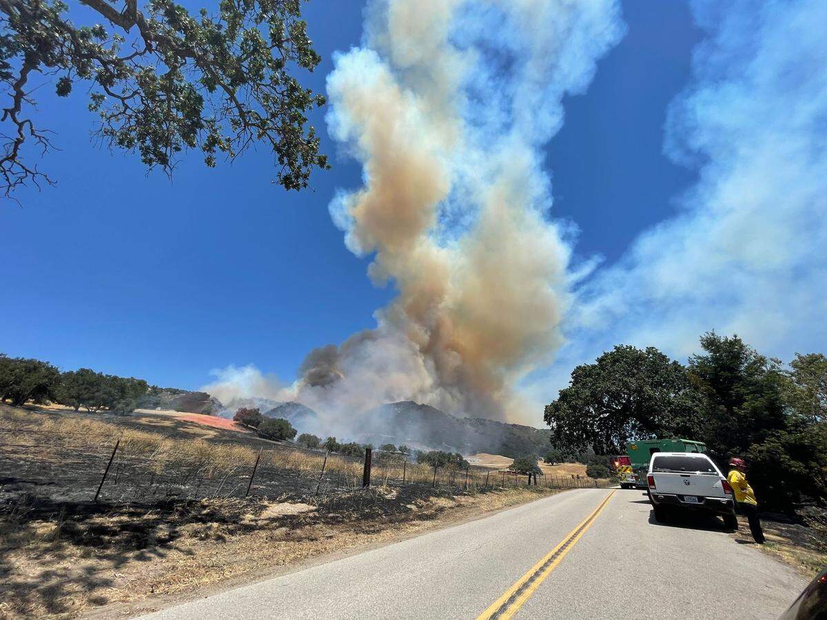 The Camino Fire burns in the hills near Huasna on Tuesday, June 28, 2022, according to Cal Fire. The fire has the potential to reach 1,500 acres.