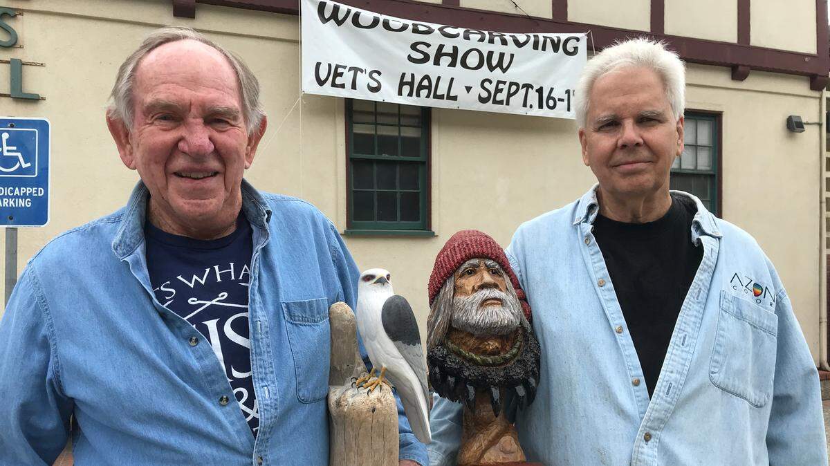 Work by wood carvers Dick Marshall, left, and Dave Dignam will be on display at the Central Coast Wood Carvers show on Saturday and Sunday, Sept. 16 and 17, 2023, at the Cambria Veterans Memorial Building.