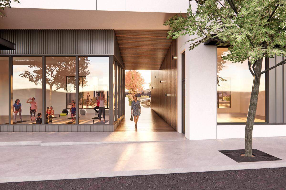 A new mixed-use development is underway in San Luis Obispo that will bring housing and retail options to the Broad Street area. The rendering shows the project at 2800 Broad St, which will feature two stories of residential living units over retail spaces at the street level.