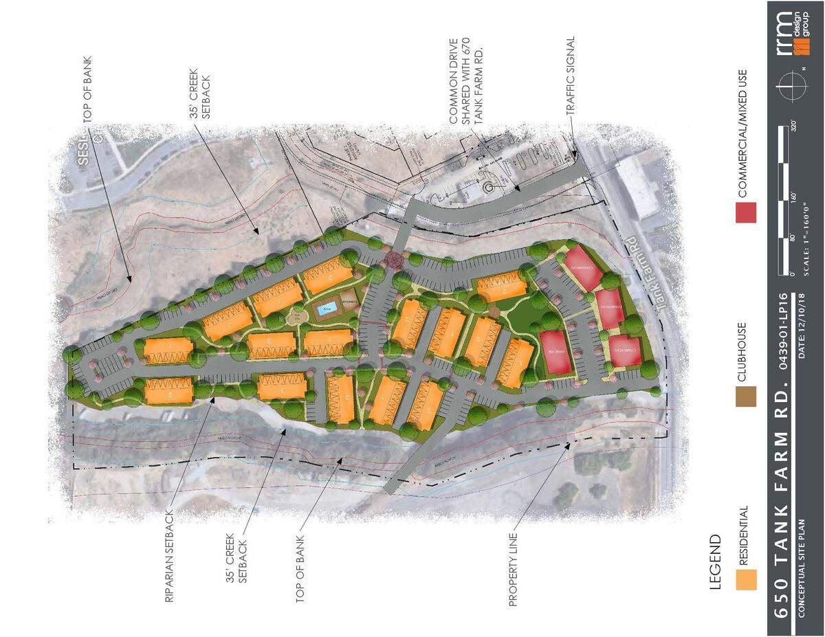 An artist’s rendering shows the proposed mixed-use project at 650 Tank Farm Road in San Luis Obispo.