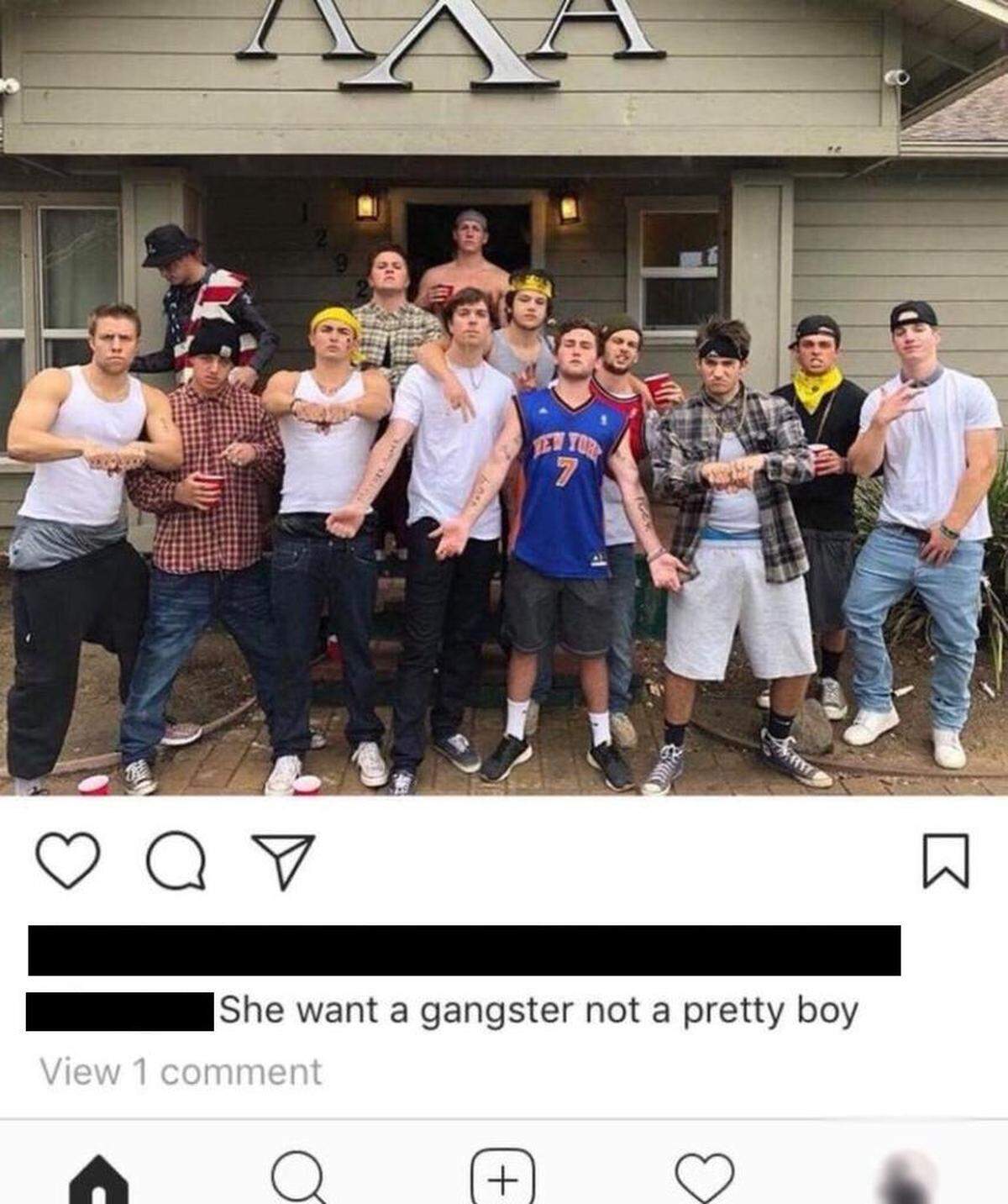 Members of Lambda Chi Alpha are shown dressing as gangster stereotypes and throwing gang signs in front of their fraternity house. The photo was taken Saturday and the Instagram account it's from has been deleted.