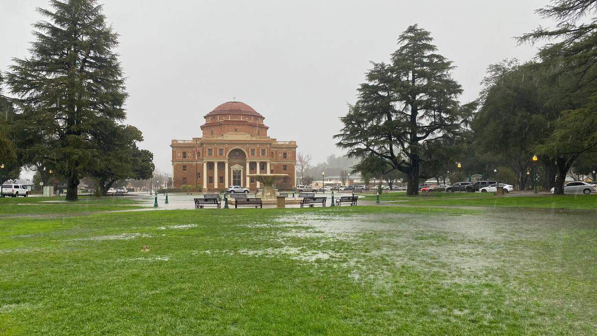 Heavy rains puddle in the lawn at Sunken Gardens in Atascadero on Monday, Jan. 9, 2023.