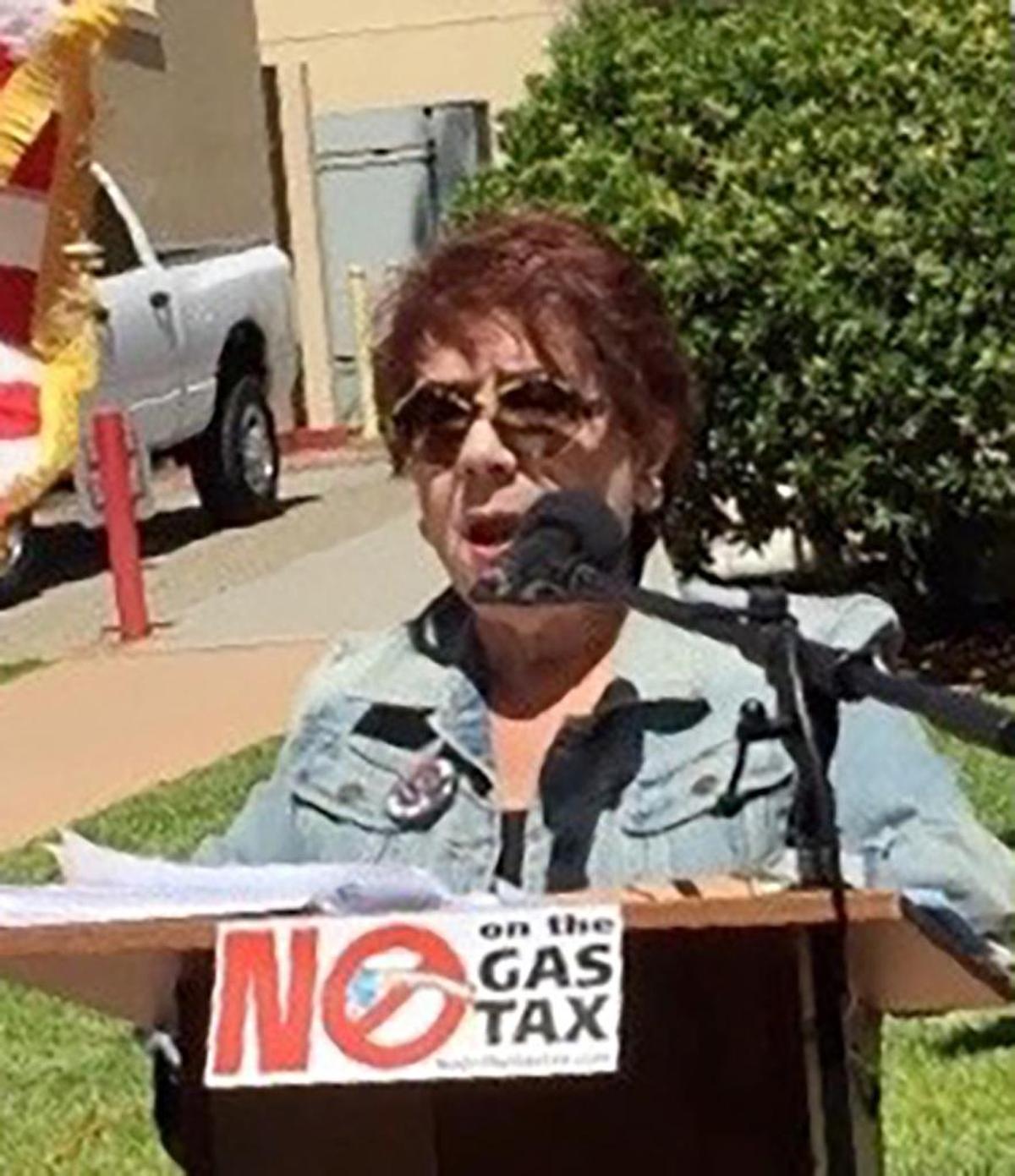 Andrea Seastrand, president of the Central Coast Taxpayers Association, speaks at a rally in San Luis Obispo on Monday, Aug. 14, 2017, calling for the repeal of increases to California’s gas tax and vehicle license fee.