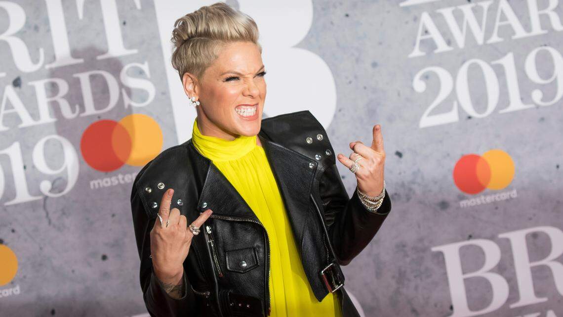 Singer Pink poses for photographers upon arrival at the Brit Awards in London, Wednesday, Feb. 20, 2019.