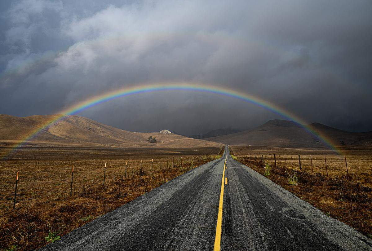 A rainbow stretches across Turri Road near Los Osos. 