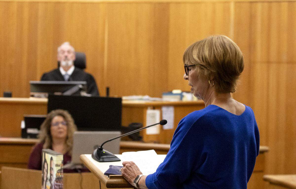 Matthew Chachere’s mother Linda Chachere gives her witness statement during the sentencing for Daniel Saligan Patricio, 24, on April 9, 2024, at San Luis Obispo County Superior Court. Saligan Patricio admitted to hitting Matthew Chachere, 39, and Jennifer Besser, 36, with his car on Nov. 21, 2022. He was sentenced to 5 years and 4 months in prison for two counts of vehicular manslaughter.
