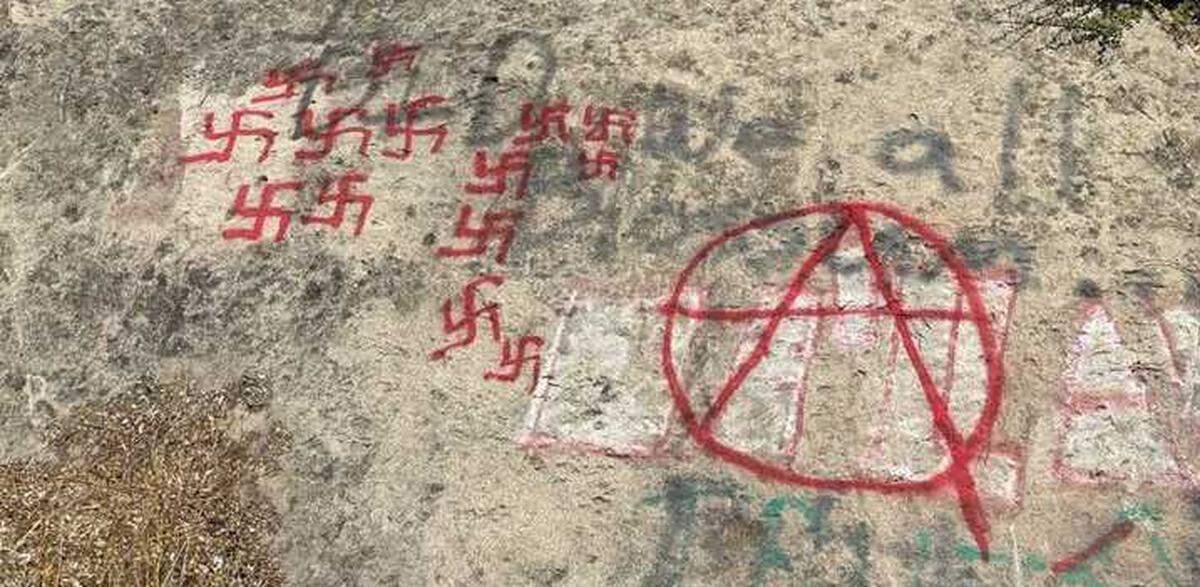 San Luis Obispo resident Jason Barroca spotted Nazi-related graffiti on a rock formation on Hi Mountain Road on Sunday, Sept. 25, 2023.
