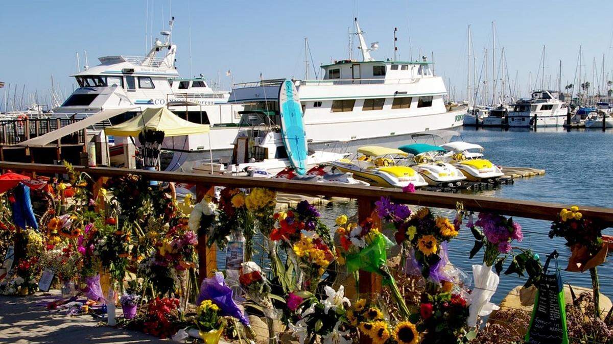 A memorial at Sea Landing at the Santa Barbara Harbor to the 34 people who died in the Conception dive boat fire. The boat’s captain, Jerry Boyland, was convicted of manslaughter on Monday, Nov. 6, 2023, in federal court.