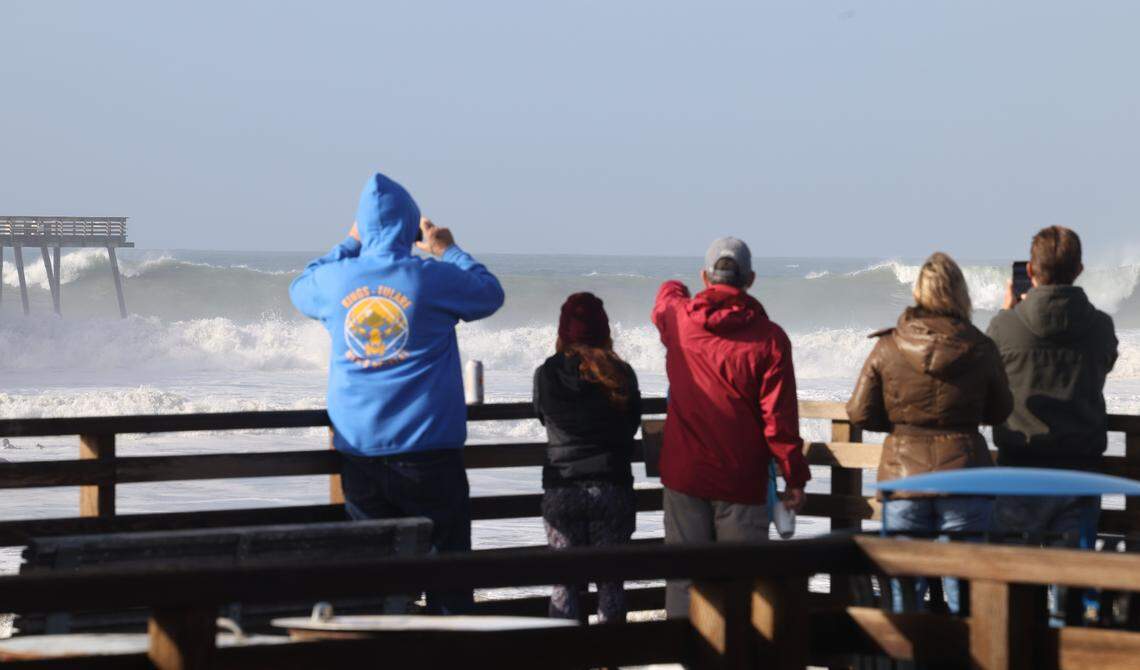 Big waves broke shortly after high tide at Pismo Beach as surfers and spectators came to take a look after a big storm passed through Jan. 5, 2023.