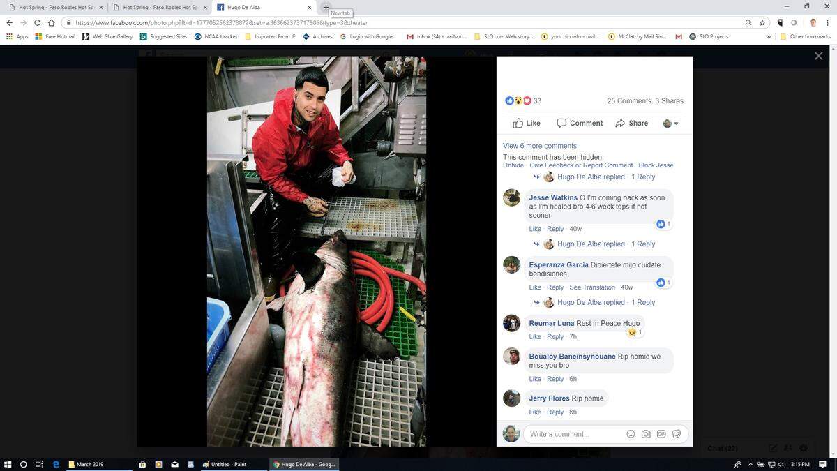A Facebook post shows Hugo Diaz de Alva on a commercial fishing boat. The Paso Robles man was found dead Thursday in a pond at Franklin Hot Springs recreational area. Sheriff’s officials are investigating.
