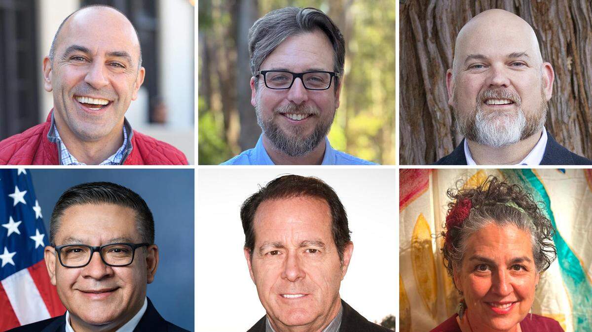 Six candidates are running for Congress to represent San Luis Obispo County. At top, competing for the District 19 seat are, from left, Rep. Jimmy Panetta, Santa Cruz software engineer Sean Dougherty and Atascadero business owner Jason Anderson. At bottom, running for the District 24 seat are, from left, Rep. Salud Carbajal, Montecito campaign data analyst Thomas Cole, and Ojai public school teacher Helena Pasquarella.