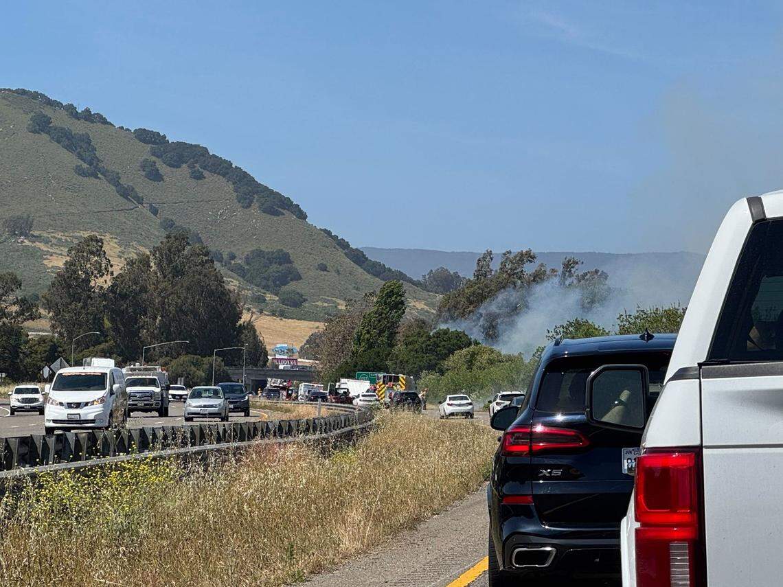 A semi-truck crash ignited a fire on an embankment beside northbound Highway 101 in San Luis Obispo County on May 15, 2025.