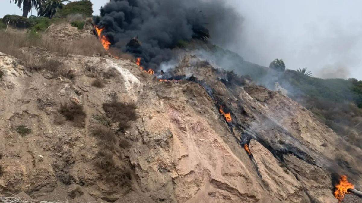 A fire sparked by an unusual geological phenomenon occurred near Hope Ranch in Santa Barbara County on Sunday, Aug. 18, 2024. Oil shale trapped in sedimentary rocks can heat up and combust spontaneously, smoldering once exposed to oxygen.