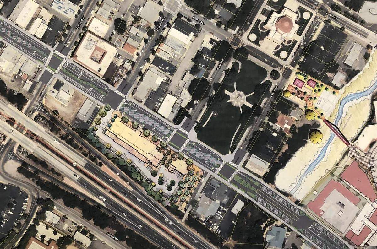 Atascadero’s first plan to narrow El Camino Real, which would reduce the road to two lanes for the entire downtown stretch. It also includes short turn lanes near Sunken Gardens.