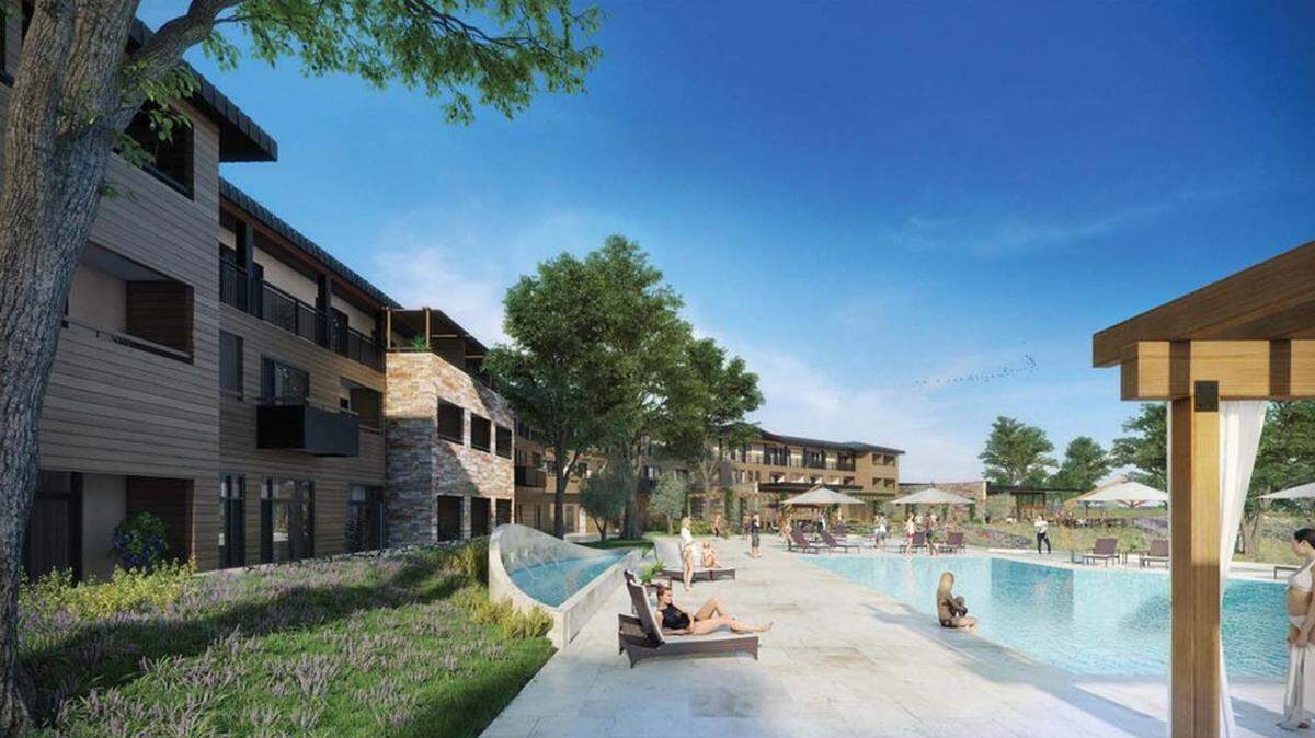 Rendering of the pool deck of the proposed Destino Paso Resort development along Airport Road in Paso Robles. The project would bring four new hotels to the area.