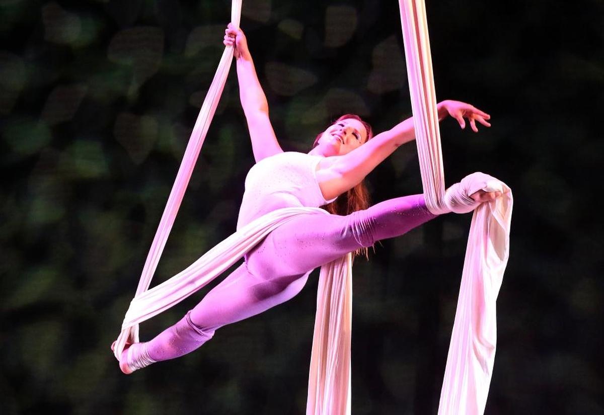 Suspended Motion Aerial Arts performer Shana Levy dances on double silks. The studio presents the show “As Seen on TV” on Friday and Saturday in San Luis Obispo.