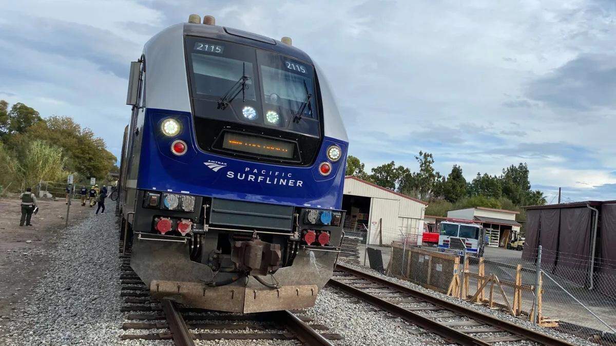 A northbound Amtrak Pacific Surfliner is stopped on the tracks in Goleta on Friday, Dec. 22, 2023, after striking and killing a female pedestrian.