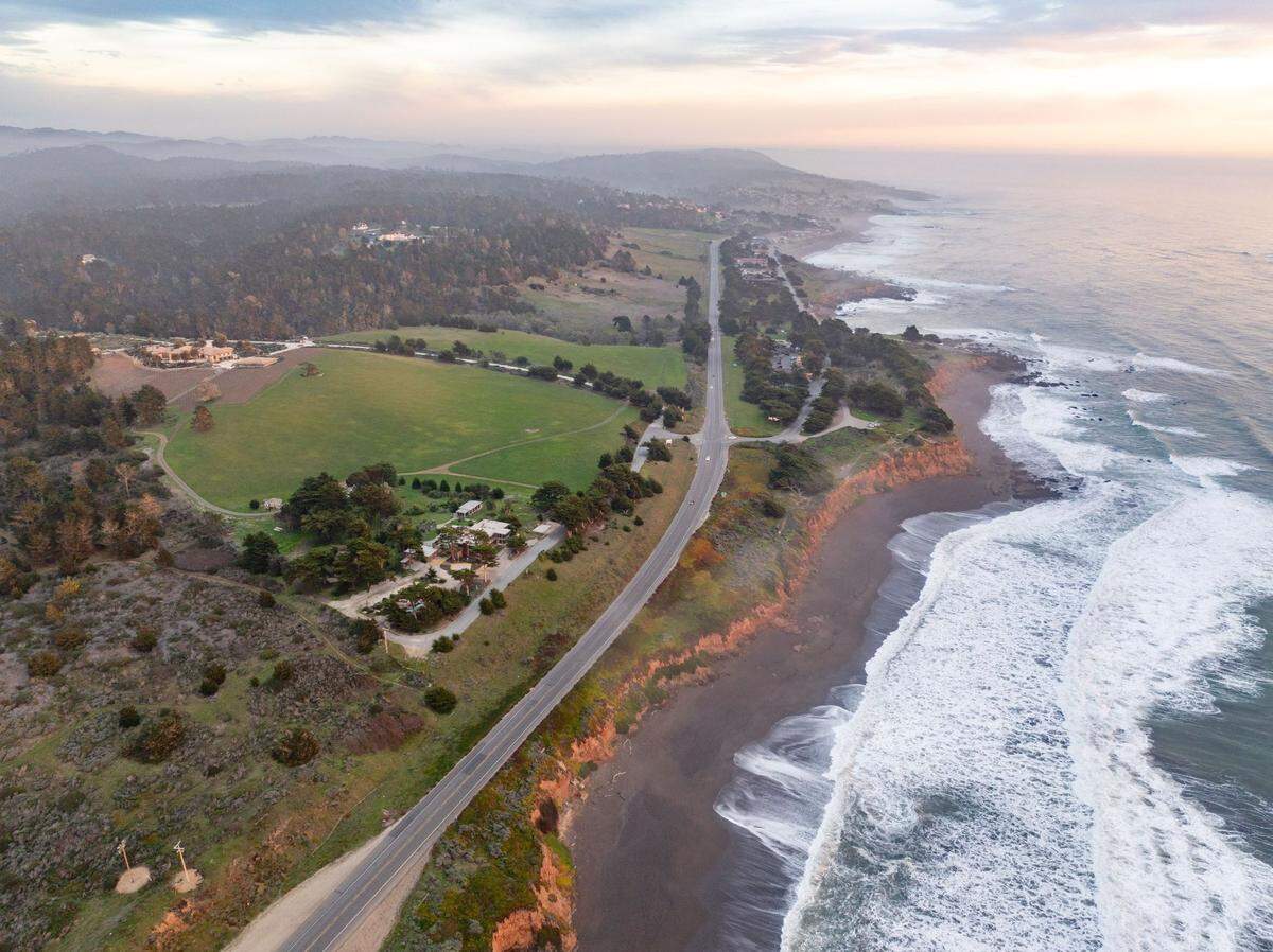 An aerial view overlooks Cambria from its northern edge.