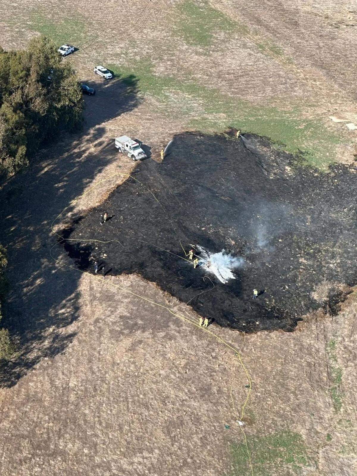 Two people were injured after a small plane crashed into a field and caught fire near Highway 101 in Goleta Wednesday afternoon, Jan. 29, 2025.