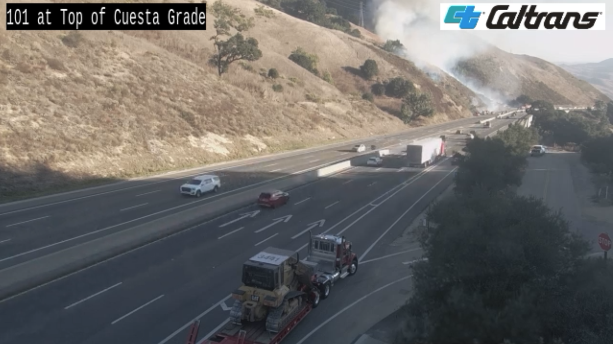 A fire burned on the Cuesta Grade along Highway 101 on Friday, Nov. 10, 2023.