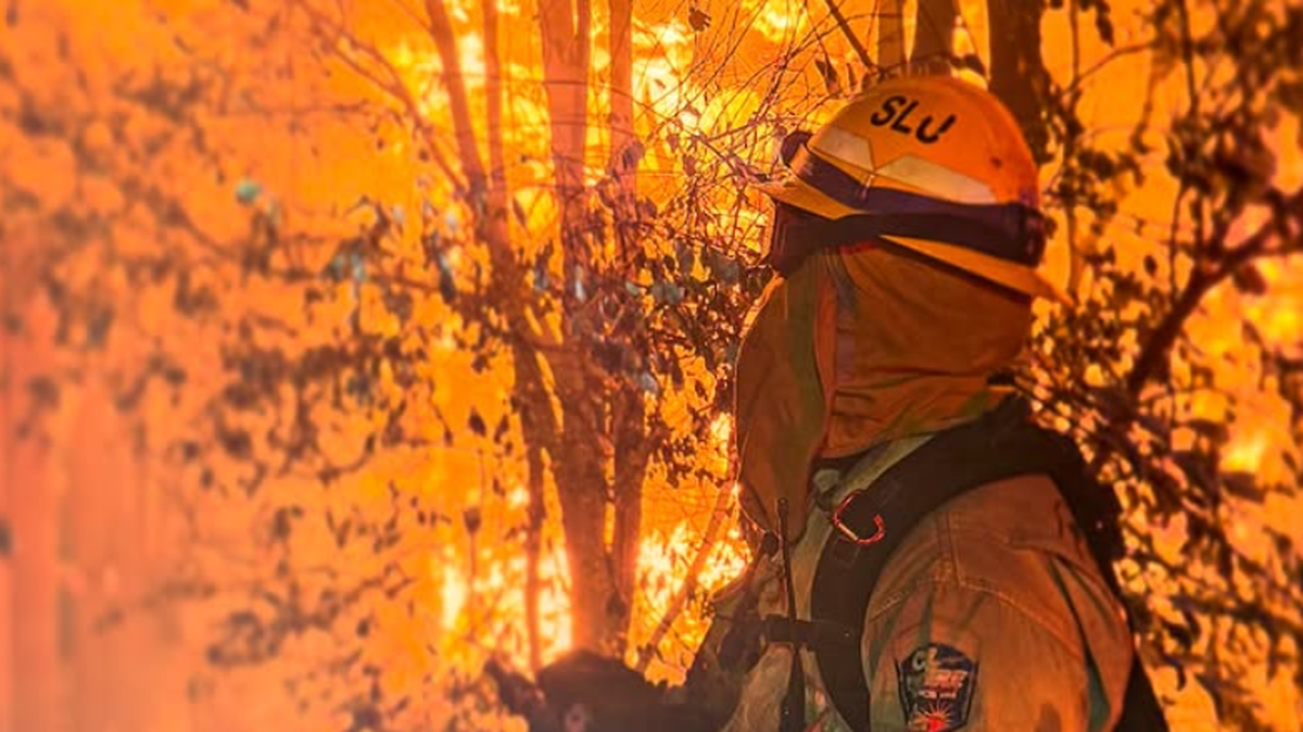 A firefighter battles the Palisades Fire in Los Angeles County on Jan. 8, 2025.