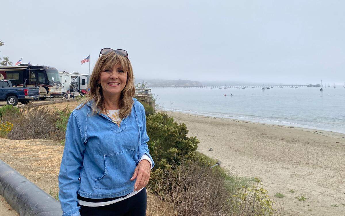 Nevada City resident Cheri Smith stayed at the Woodyard RV campground in Port San Luis on Oct. 9, 2024. “I like that we can be right on the beach,” she said. The campground is closing in November because the RVs block the view of the ocean.