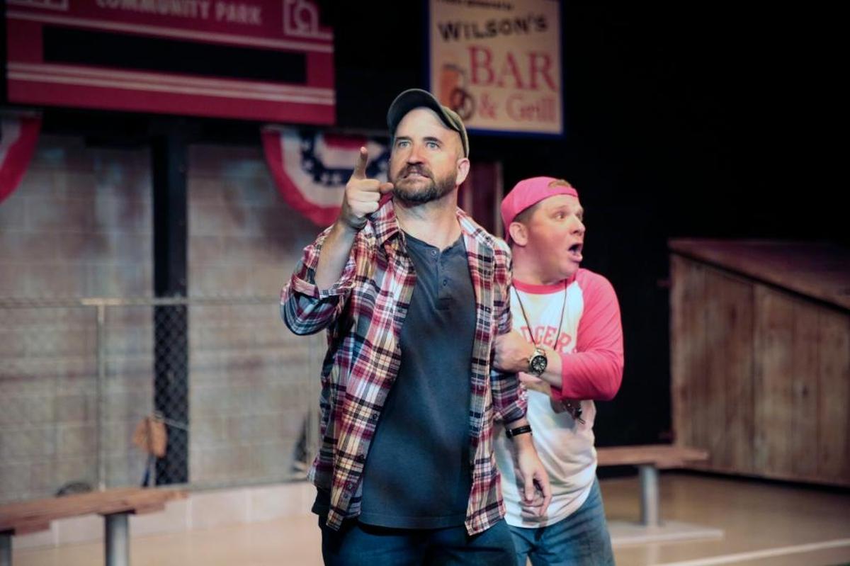 Don (Travis Mitchell) and Michael (Timothy J. Cox) cheer the team on from the sidelines in “Rounding Third,” playing Friday through Nov. 19 at San Luis Obispo Repertory Theatre.