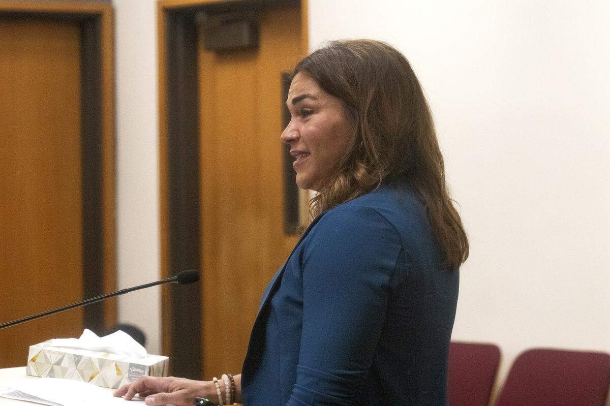 Nicole Matthews, Matthew Chachere’s sister, glances at Daniel Saligan Patricio as she reads her witness statement during his sentencing on April 9, 2024, at San Luis Obispo Superior Court. Saligan Patricio admitted to striking Matthew Chachere, 39, and Jennifer Besser, 36, with his car on Nov. 21, 2022.
