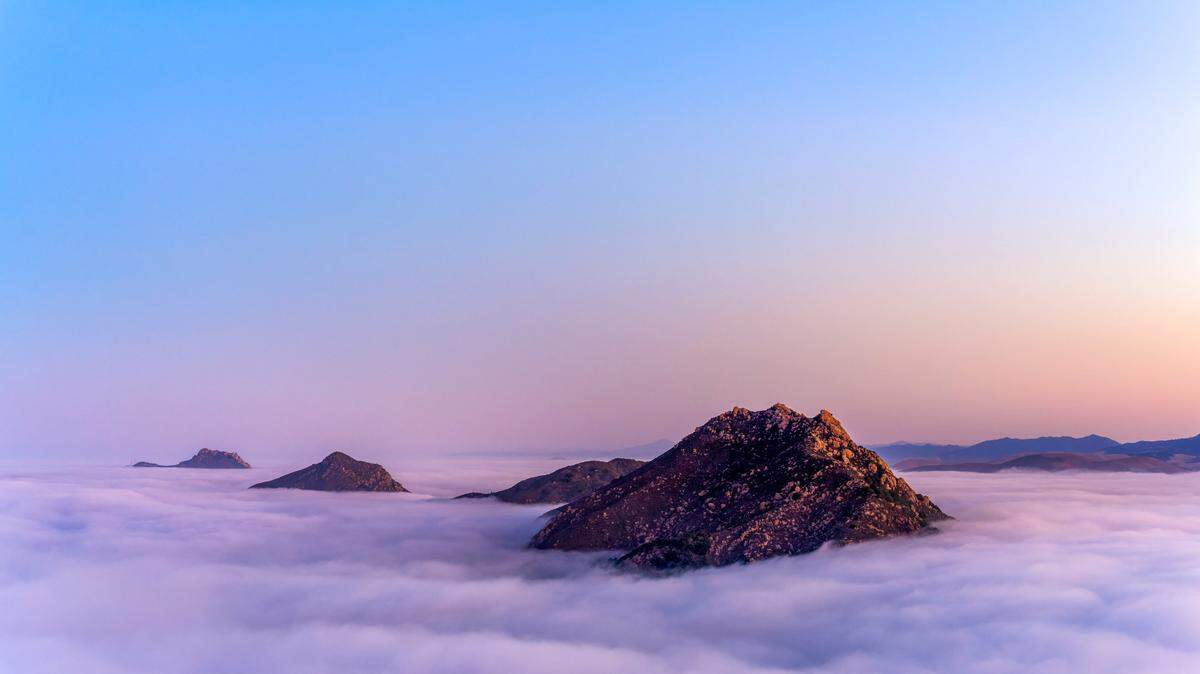Fog swirls around Bishop Peak and other morros in San Luis Obispo looking from Cerro San Luis toward the coast.