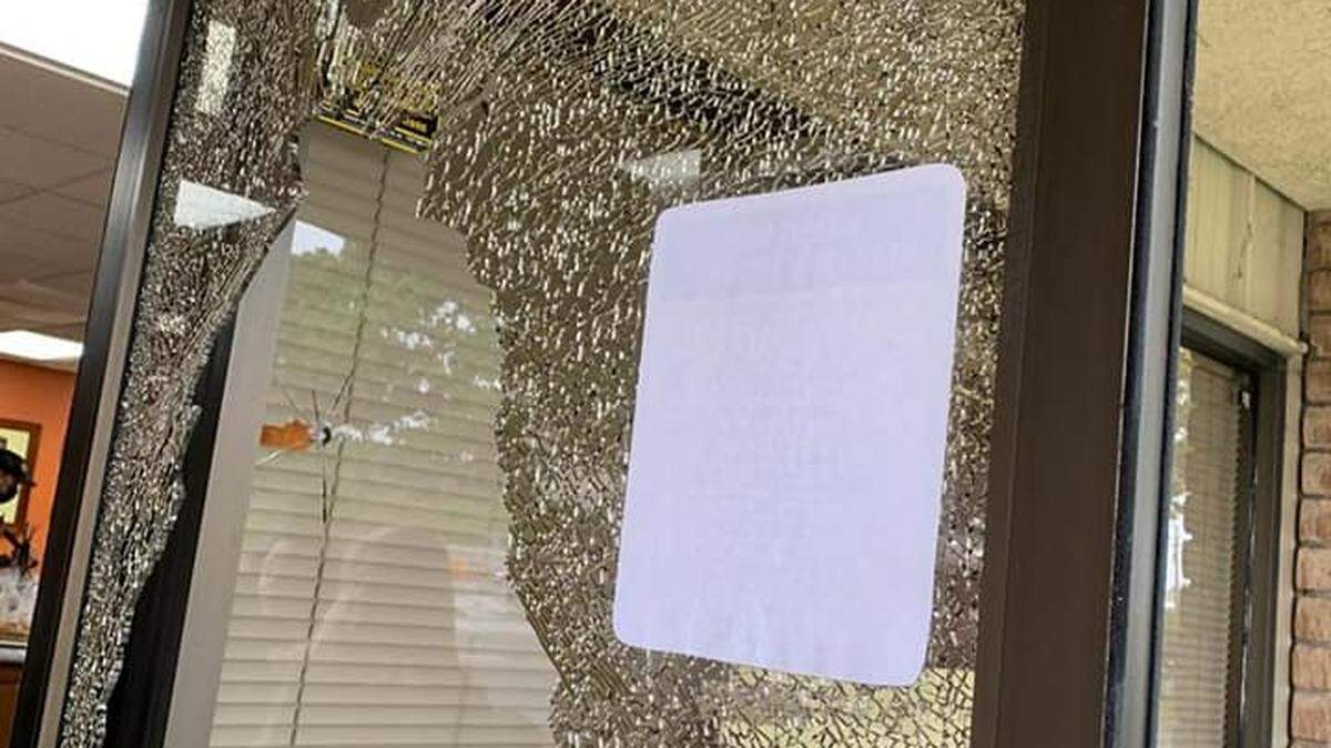A vandal shattered Alle-Pia Fine Meats’ windows and door with a slingshot. The shop is one of two businesses that had their storefronts damaged.