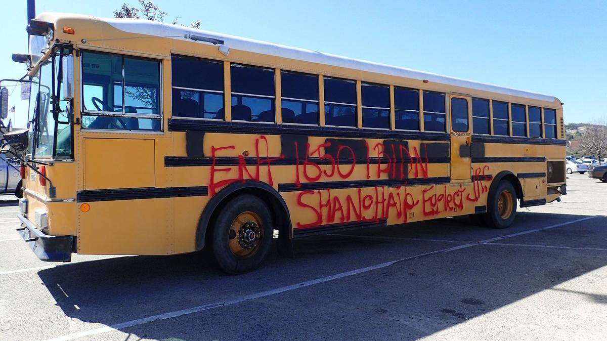 A bus and several other locations around Paso Robles were vandalized with bizarre messages spelled out in red spray paint. Police have identified two suspects they believe are responsible for the graffiti.