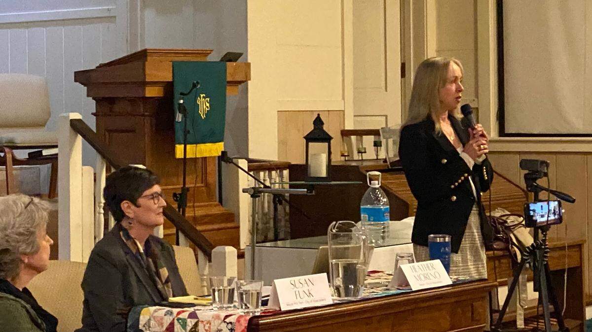 Heather Moreno and Susan Funk, candidates for the District 5 seat on the Board of Supervisors, debate policy at the Atascadero Community Church on Monday, Feb. 5, 2023.