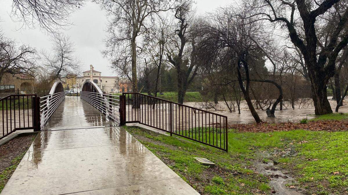 A swollen Atascadero Creek rushes beneath the pedestrian bridge linking Sunken Gardens to Colony Square on Monday, Jan. 9, 2023.