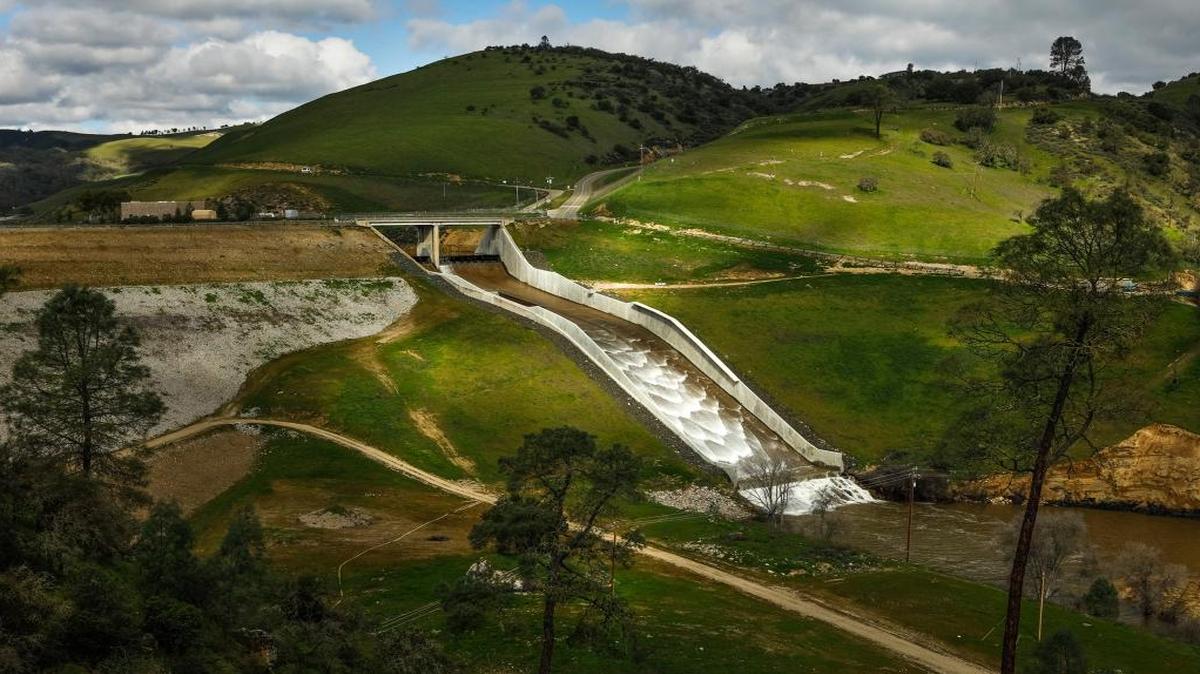 Water from Lake Nacimiento flows down the lake’s spillway this year. The lake, the main supplier of San Luis Obispo’s water, is at 91 percent capacity.