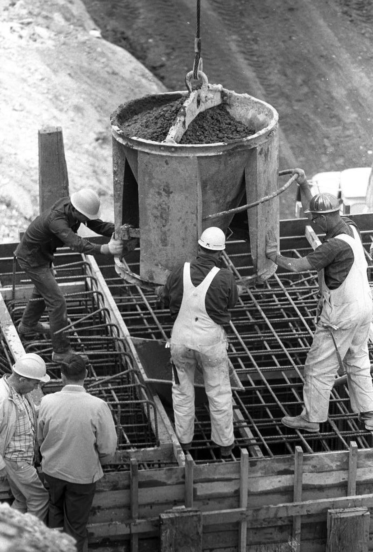 A cement foundation is poured for the intake pipe at Lopez Lake in a photo taken Jan. 27, 1968.