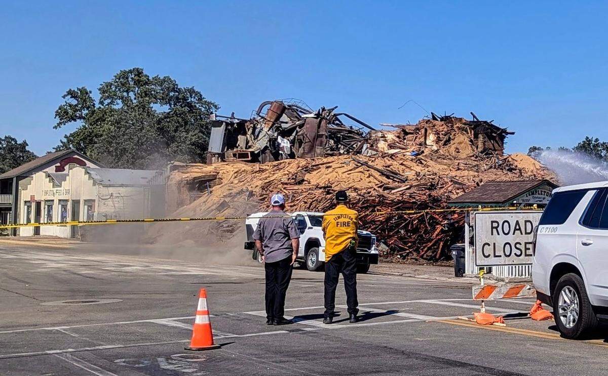 All that remains of Templeton Feed & Grain’s iconic towers is a massive pile of rubble after the structure’s demolition was completed on Wednesday, July 8, 2025.