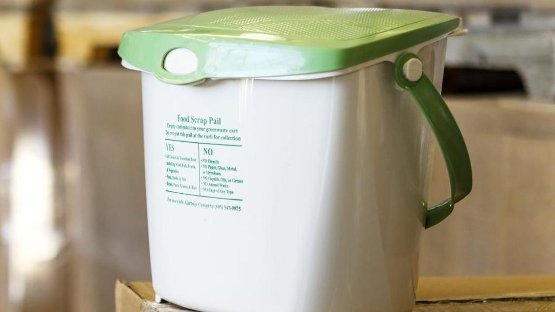 One of the new food-scrap pails that will soon be distributed to 51,000 homes in San Luis Obispo County.