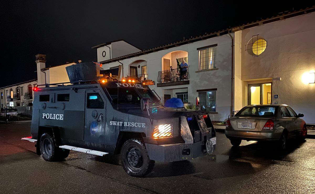 A SWAT vehicle sits outside the Cortina D’Arroyo Grande Apartments at 241 N. Courtland St. in Arroyo Grande after two people died in a shooting Wednesday afternoon, Jan. 31, 2024.