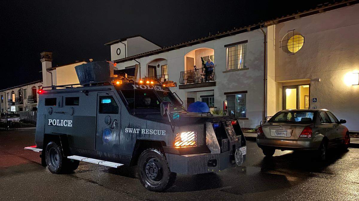 A SWAT vehicle sits outside the Cortina D’Arroyo Grande Apartments at 241 N. Courtland St. in Arroyo Grande after two people died in a shooting Wednesday afternoon, Jan. 31, 2024.