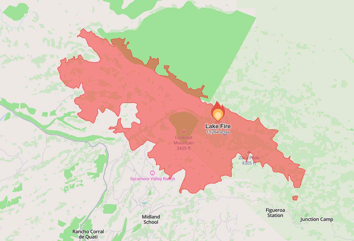 Map showing the rough outline of the Lake Fire burn area as of early July 7, 2024. 