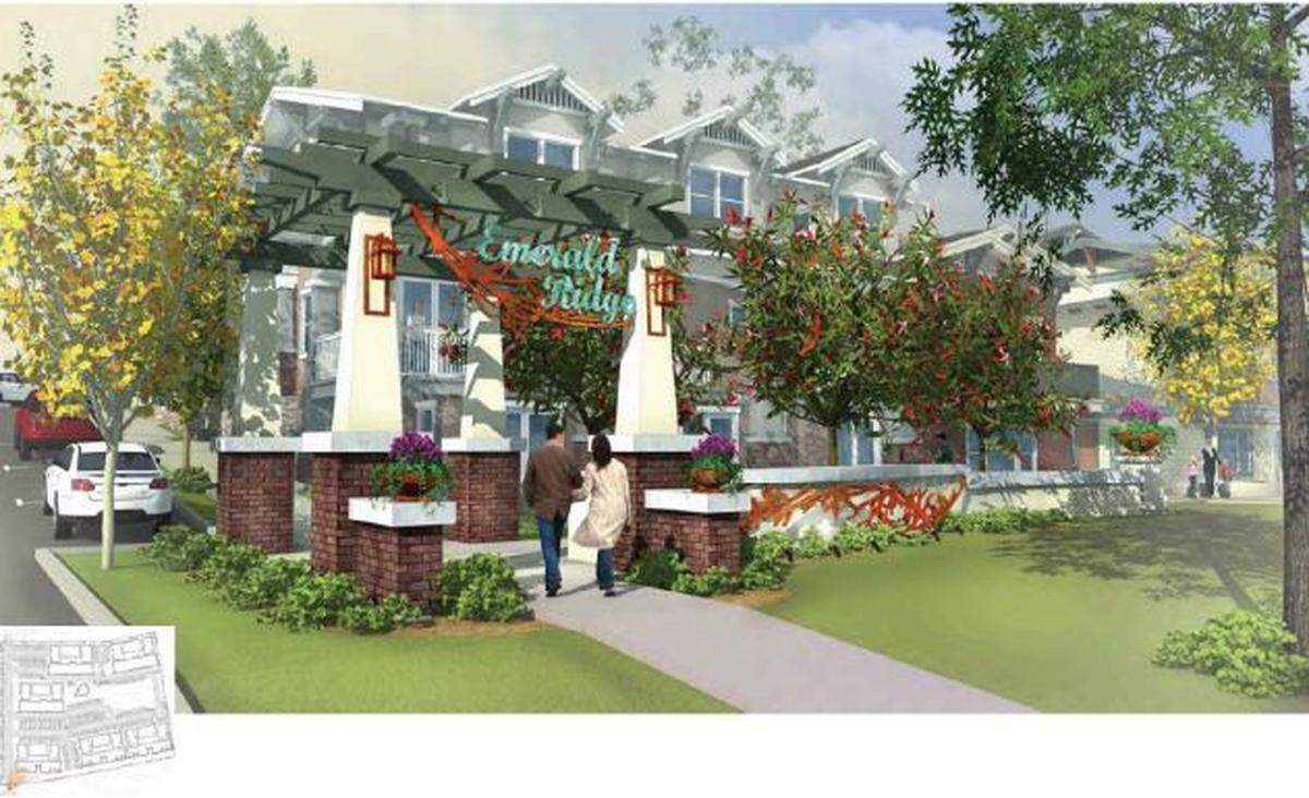 Emerald Ridge, a 208-unit apartment complex, is being built on El Camino Real in Atascadero. This artist’s rendering shows the entrance to the development.