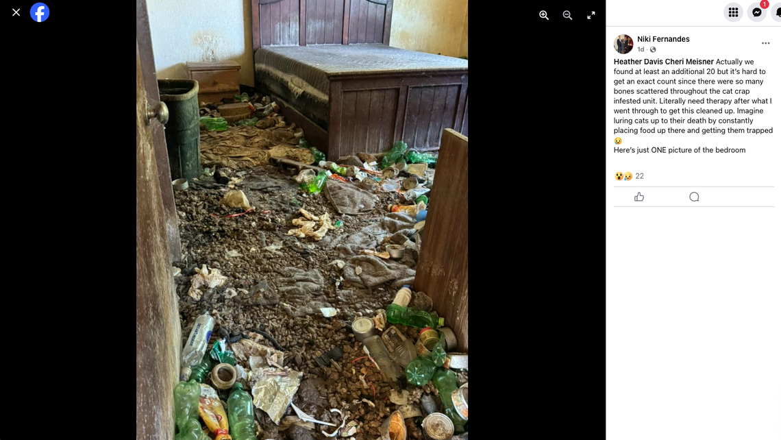 Layers of cat feces and trash fill a bedroom at the Presidio Apartments in Paso Robles, where the remains of 40 dead cats were discovered in August 2024. Niki Fernandes, who posted this photo on the Paso Robles Daily News Facebook page, was one of the workers who was hired to clean the apartment, which was red-tagged by the city.