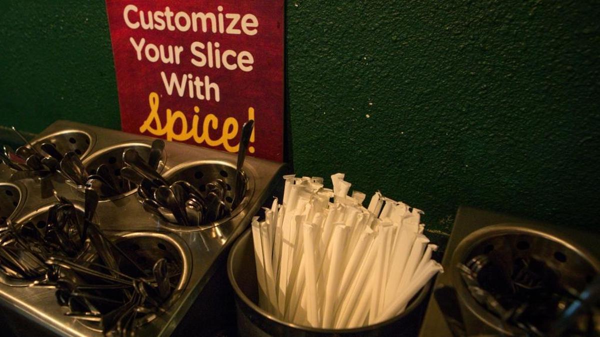 Under a new San Luis Obispo ordinance taking effect Thursday, customers must request straws or get them from dispensaries like this one at Woodstock’s.